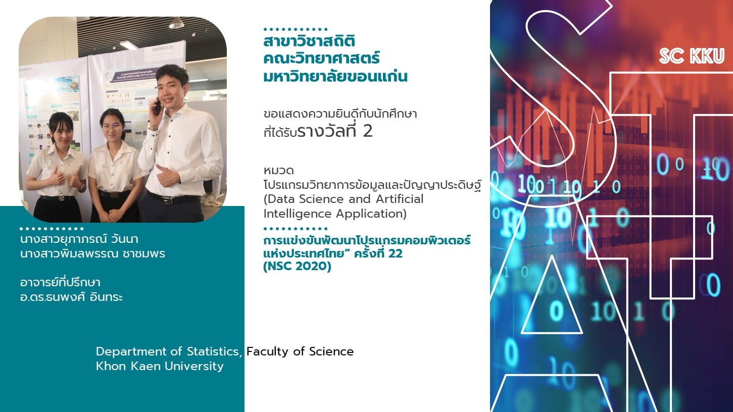  ขอแสดงความยินดีกับนักศึกษาหลักสูตรสารสนเทศสถิติ ที่ได้รับรางวัลอันดับที่ 2 จากการแข่งขันพัฒนาโปรแกรมคอมพิวเตอร์แห่งประเทศไทยครั้งที่ 22 (NSC2020) 